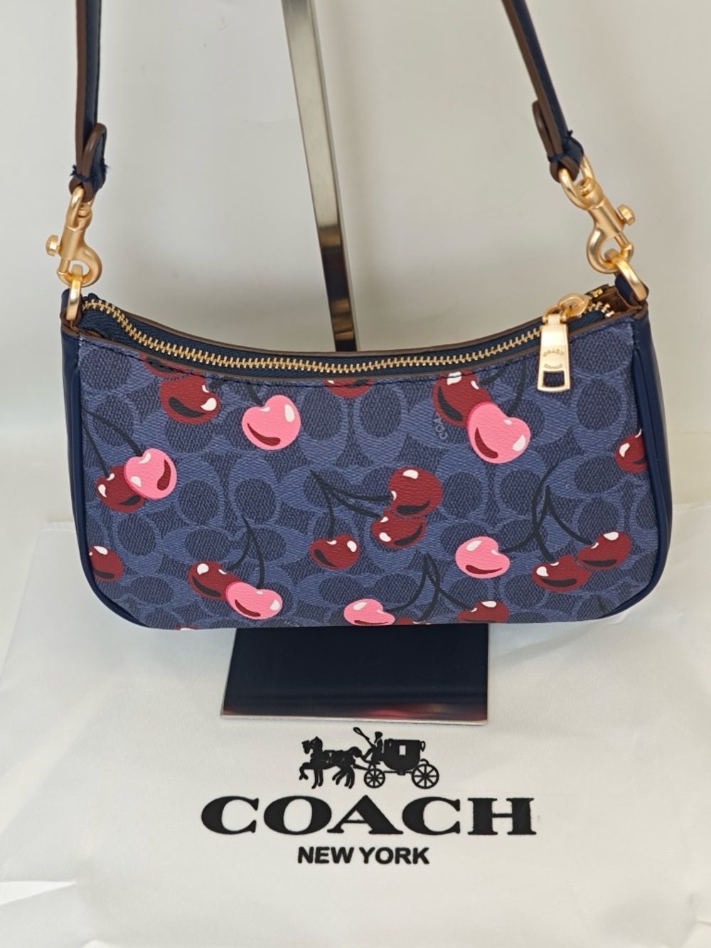Coach Navy Cherry Print Shoulder Bag with Pink & Red Accents - Picture 5 of 12